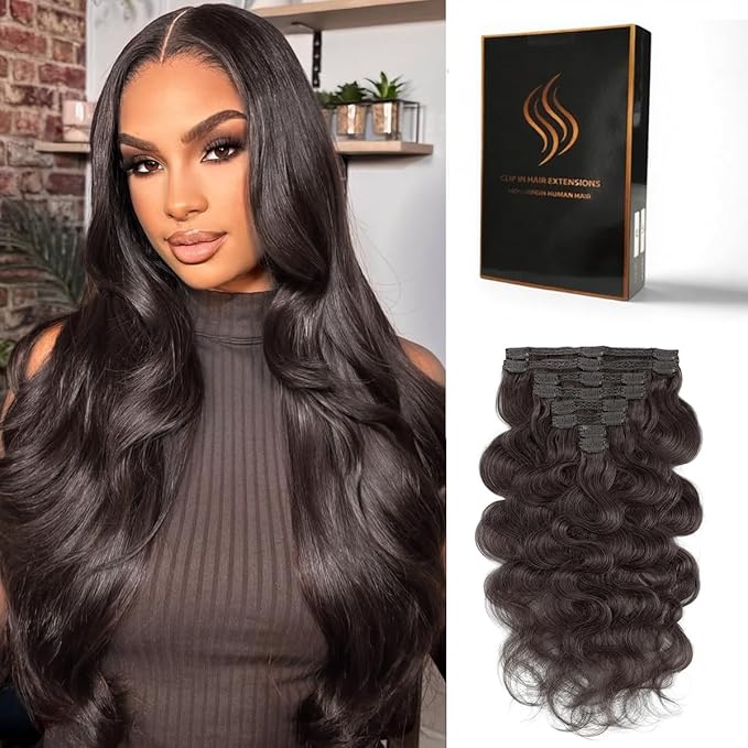 Clip in Hair Extensions Real Human Hair Body Wave 2 Dark Brown Clip in 100% Brazilian Remy Human Hair Extensions 8pcs Per Set with 18 Clips Double Weft 20 Inch 105g/3.6oz