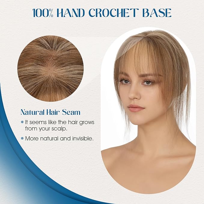 Hair Topper Human Hair Curtain Air Bangs Topper for Women, T-part Lace Base Real Human Hair Topper Hair Piece for Daily Wear(Air Bangs,Medium Brown & Dark Blonde)