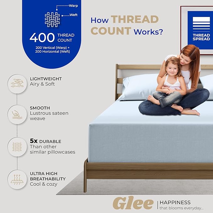 THREAD SPREAD 100% Cotton Pillowcases Standard/Queen Size Set of 4-400 Thread Count Cotton Pillowcases, Ultra Soft Cool Sateen Weave Pillow Cases for Sleeping, Set of 4 Pillow Covers (Light Blue)