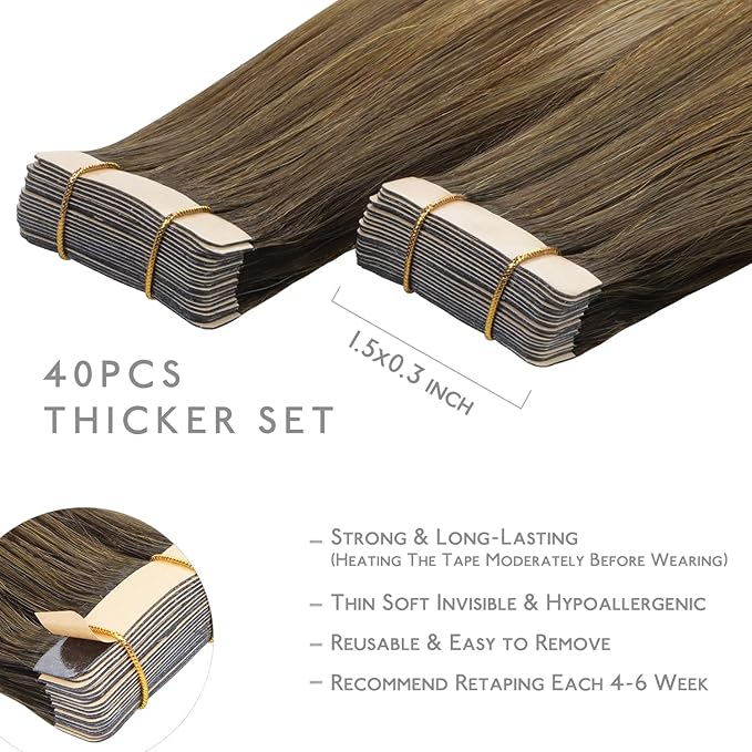WENNALIFE Tape in Hair Extensions Human Hair, 40pcs 100g 24 inch Ombre Walnut Brown to Ash Brown and Bleach Blonde Hair Extensions Real Human Hair Straight Tape in Extensions Real Human Hair