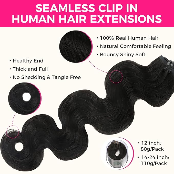 Lashey Seamless Clip in Hair Extensions Remy Human Hair Extensions, 7pcs 110g 20 Inch Body Wave Natural Black Thick Clip in Hair Extensions with Invisi Edge for Black Women