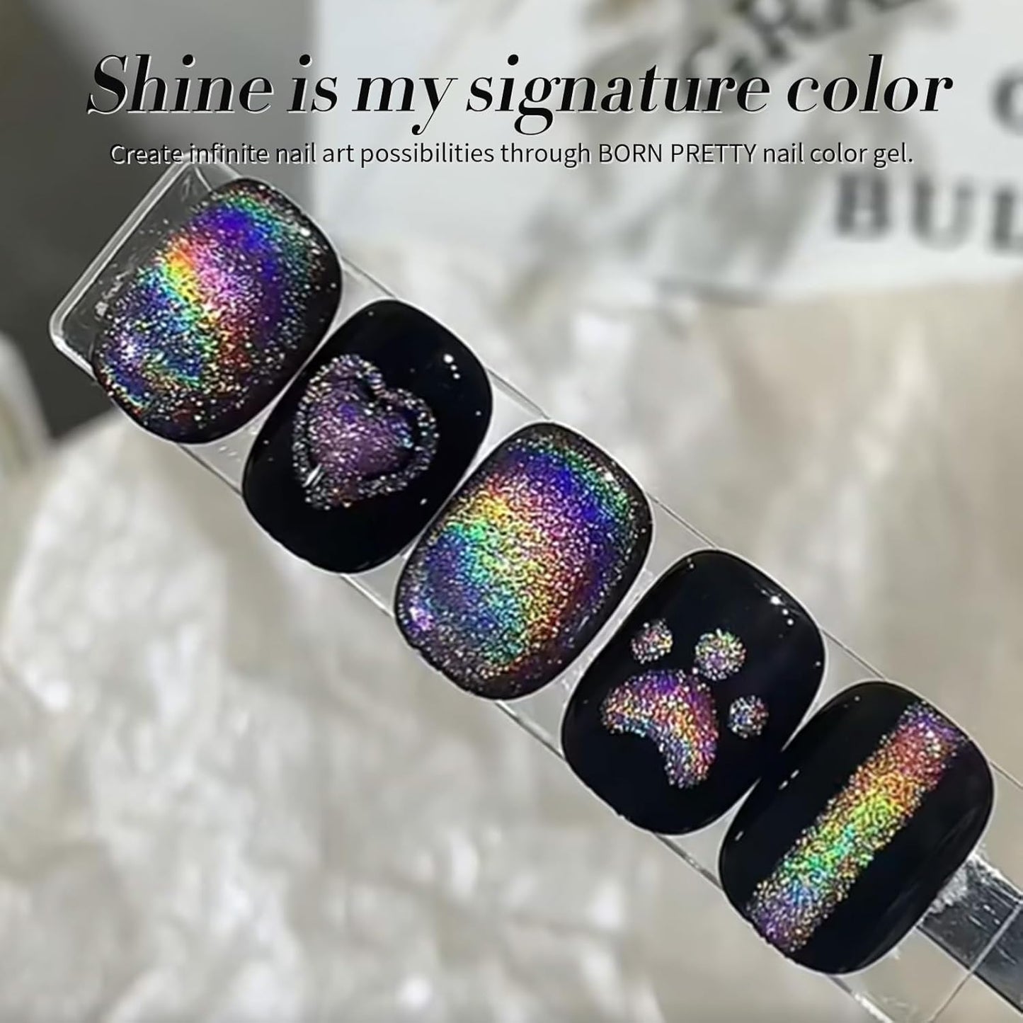 Born Pretty Cat Magnetic Eye Gel Nail Polish Holographic Rainbow Cat Magnetic Gel, Black Glitter Magnetic Soak Off U v Nail Gel Diy Art for Girls Women 15ML