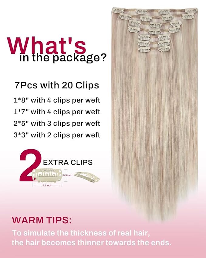 Moresoo Clip in Hair Extensions Real Human Hair Ash Blonde with Bleach Blonde Highlight Clip in Extensions for Short Thick Hair 16inch 135g 7pcs