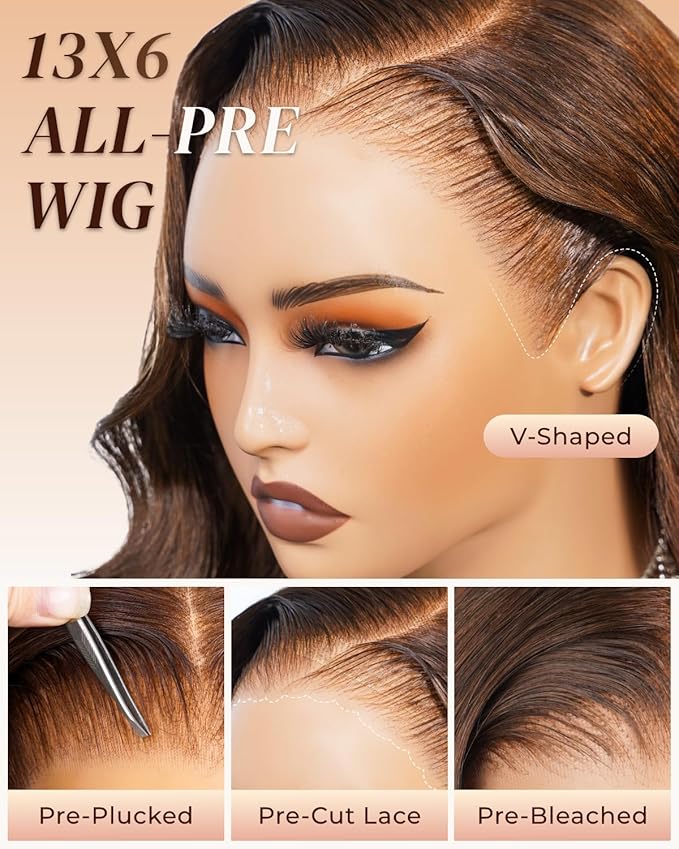 Arabella 13x6 Chocolate Brown Lace Front Wig Human Hair HD Transparent Body Wave Lace Front Wigs Human Hair Pre Plucked Glueless Frontal Brown Wig Human Hair 24 Inch