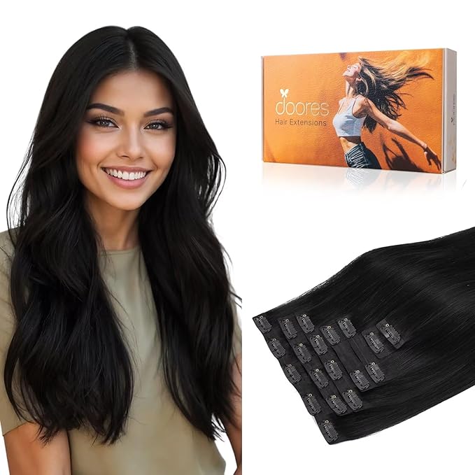 DOORES Human Hair Extensions Clip in, Jet Black 80g 7pcs 12 Inch, Thick Clip in Hair Extensions Remy Natural for Women Gift