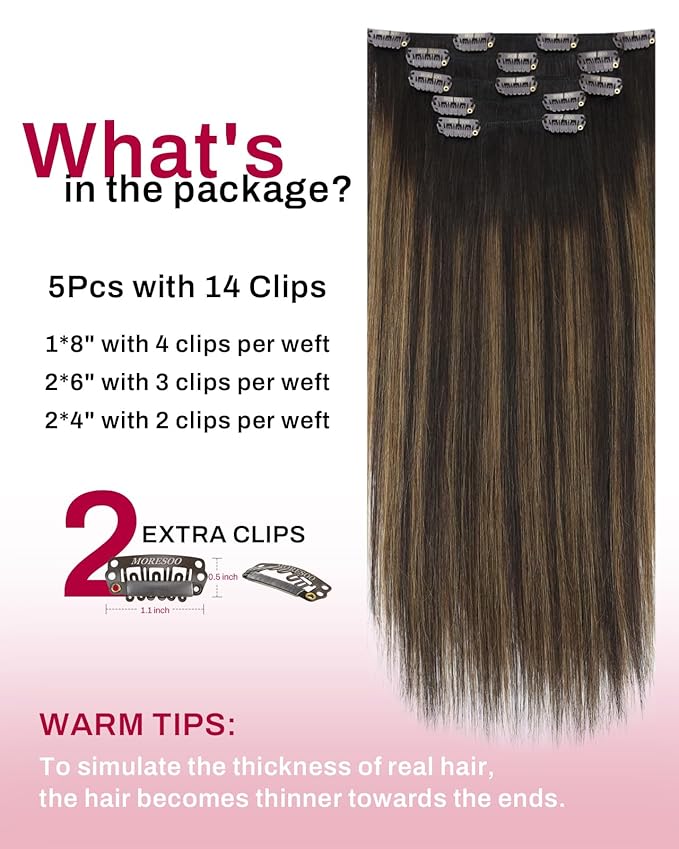 Moresoo Clip in Hair Extensions Real Human Hair Balayage Dark Brown with Chestnut Brown 5pcs 80g Remy Straight Invisible Double Weft Ombre Human Hair Clip in Extensions 18inch