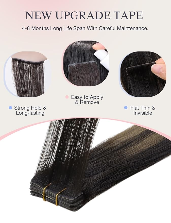 DOORES Invisible Hair Extensions Real Human Hair Tape in Invisi Edge, Dark Brown to Chestnut Brown 10 Injection Tape-ins with 10 Injection Tape-ins 50g 14 Inch, Tape in Extensions