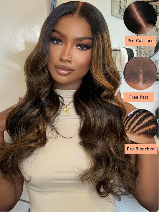 YIROO Bye Bye Knots Glueless Wigs Highlight Balayage Brown Body Wave Put on and Go 7x5 Lace Front Wig Invisible Knots Pre Plucked Ready to Go 22inch