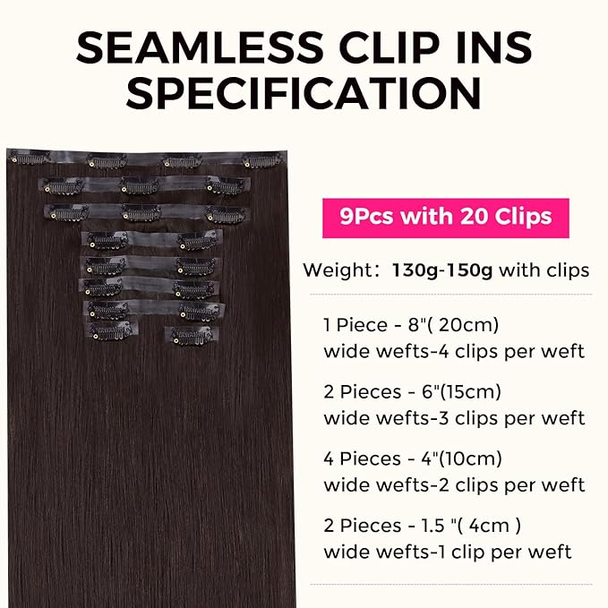 Lashey Seamless Clip in Hair Extensions Human Hair 130g 9pcs #2 Dark Brown 16 Inch Light Yaki Straight Clip in Hair Extensions Real Human Hair with Flat PU Invisi Edge Full Pack