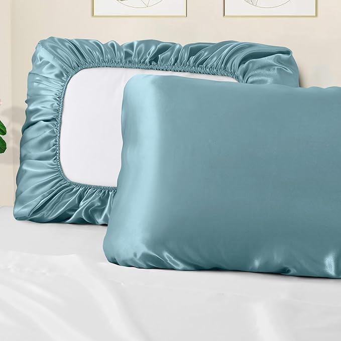 Manyshofu Satin Pillowcases for Hair Protection - 2Pcs Blue Pillow Cases, Elastic Band Standard & Queen Satin Pillowcases Luxury Silky Pillow Cases Travel Pillow Covers