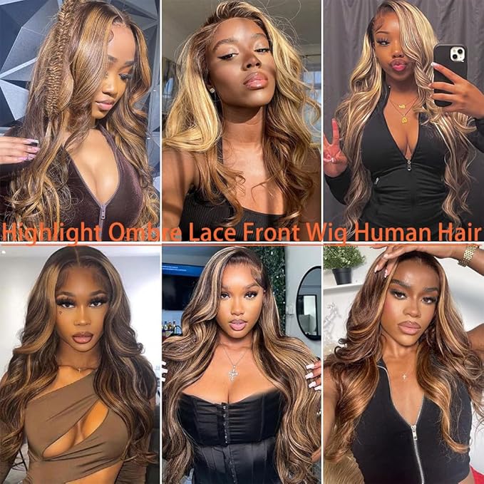Body Wave Highlight Ombre Lace Front Wig Human Hair Pre Plucked 13x4 HD Transparent 4/27 Colored Honey Blonde Lace Frontal Wigs with Baby Hair 200% Density Lace Front Wigs For Women (24 Inch)