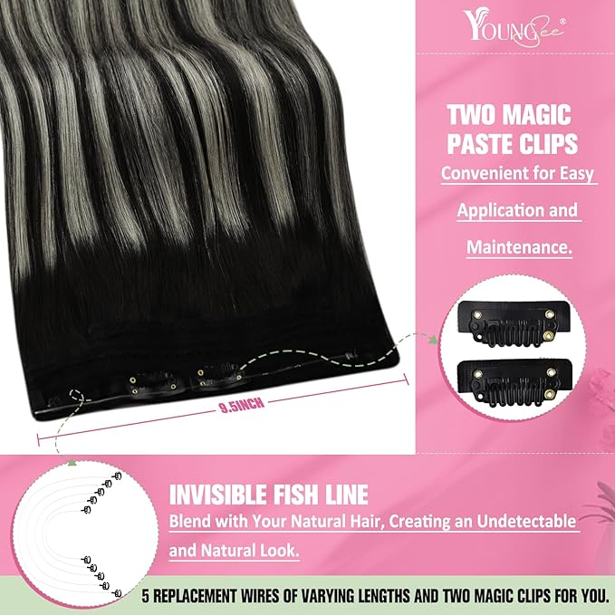 YoungSee 130G Human Hair Wire Extensions Ombre Invisible Wire Hair Extensions Real Human Hair Off Black Mix Sliver Balayage Fish Line Hair Extensions for Women 20Inch