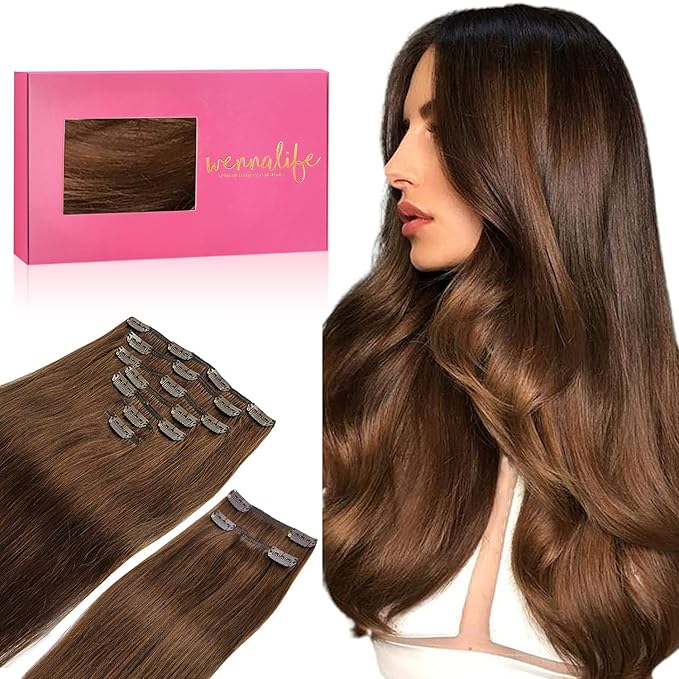 WENNALIFE Clip in Hair Extensions, 150g 18 Inch 9pcs Chocolate Brown Human Hair Extensions Thicker Clip in Hair Extensions Real Human Hair Clip Set Double Weft