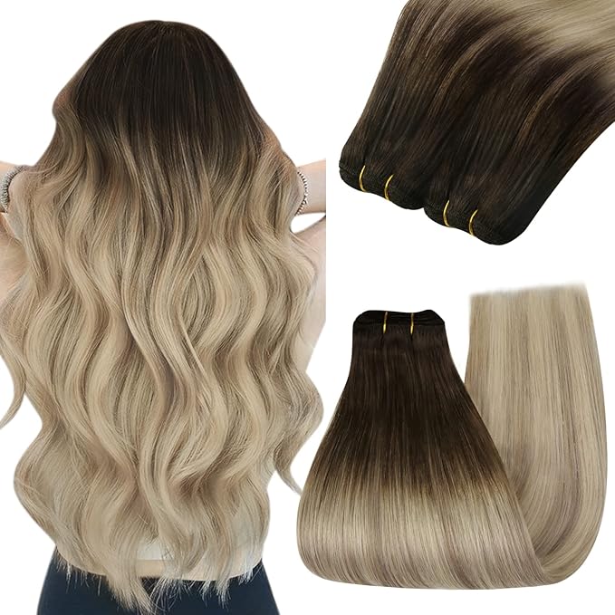 YoungSee Sew in Hair Extensions Real Human Hair 22Inch Ombre Blonde Double Weft Human Hair Extension Brown Roots to Gold Blond Mix Platinum Blonde Hair Extensions Sew in for Long Hair 100G