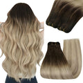 YoungSee 24Inch Weft Hair Extensions Human Hair Brown Roots to Gold Blonde Mix Platinum Blonde Sew in Hair Extensions Ombre Blonde Long Straight Hair Weft Extensions 100G