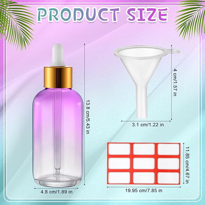 Dandat 50 Pack 4 oz Glass Dropper Bottles Leakproof 120 ml Glass Tincture Bottles with Eye Droppers, 4 Funnels, 54 Labels for Essential Oil Perfumes Hair Oil(Purple Gradient)