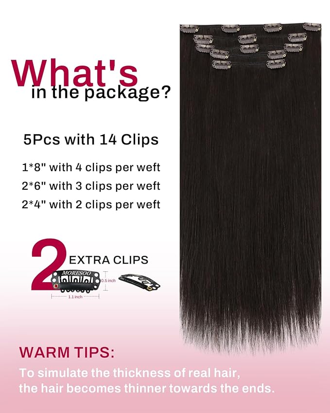 Moresoo Real Hair Extensions Clip in Human Hair Dark Brown Remy Straight Double Weft Clip in Human Hair Extensions for Women Brown 5pcs 80g 22inch
