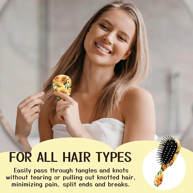 Mini Hair Brush,Cute Detangling Travel Hair Brush,Soft Bristles for Effortless Tangle Removal,Detangler Hairbrush for Women Men Boys Girls Kids Wet Dry All Hair Types (Yellow Sunflower, Mini)