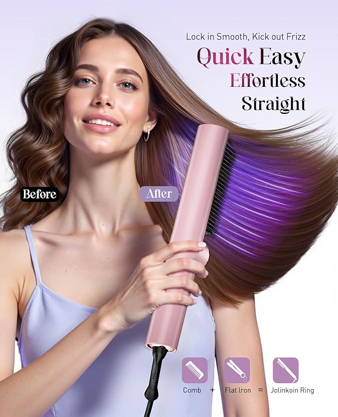Hair Straightener Brush for Women: Negative Ionic 3-in-1 Curling & Straightening Brush, Ceramic Hot Comb with 15 Temps for Hair Styling, Pink