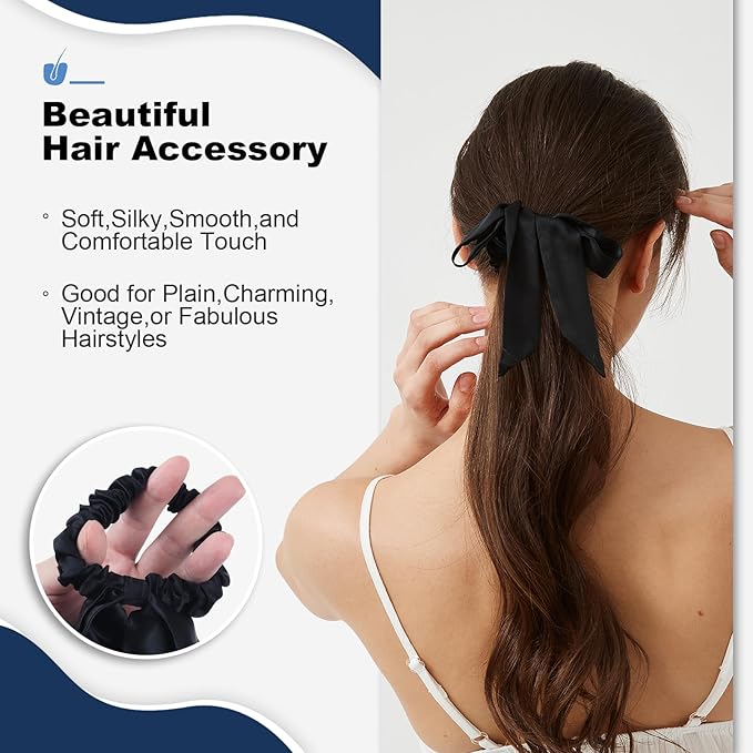 1 Piece Silk Bow Scrunchies for Hair-100% Pure Mulberry 22 Momme Silk Hair Tie, Elastic Ponytail Holder, Elegant Soft Bow Hair Ties Band for Women Hair Care, Multiple Colours (BLACK)