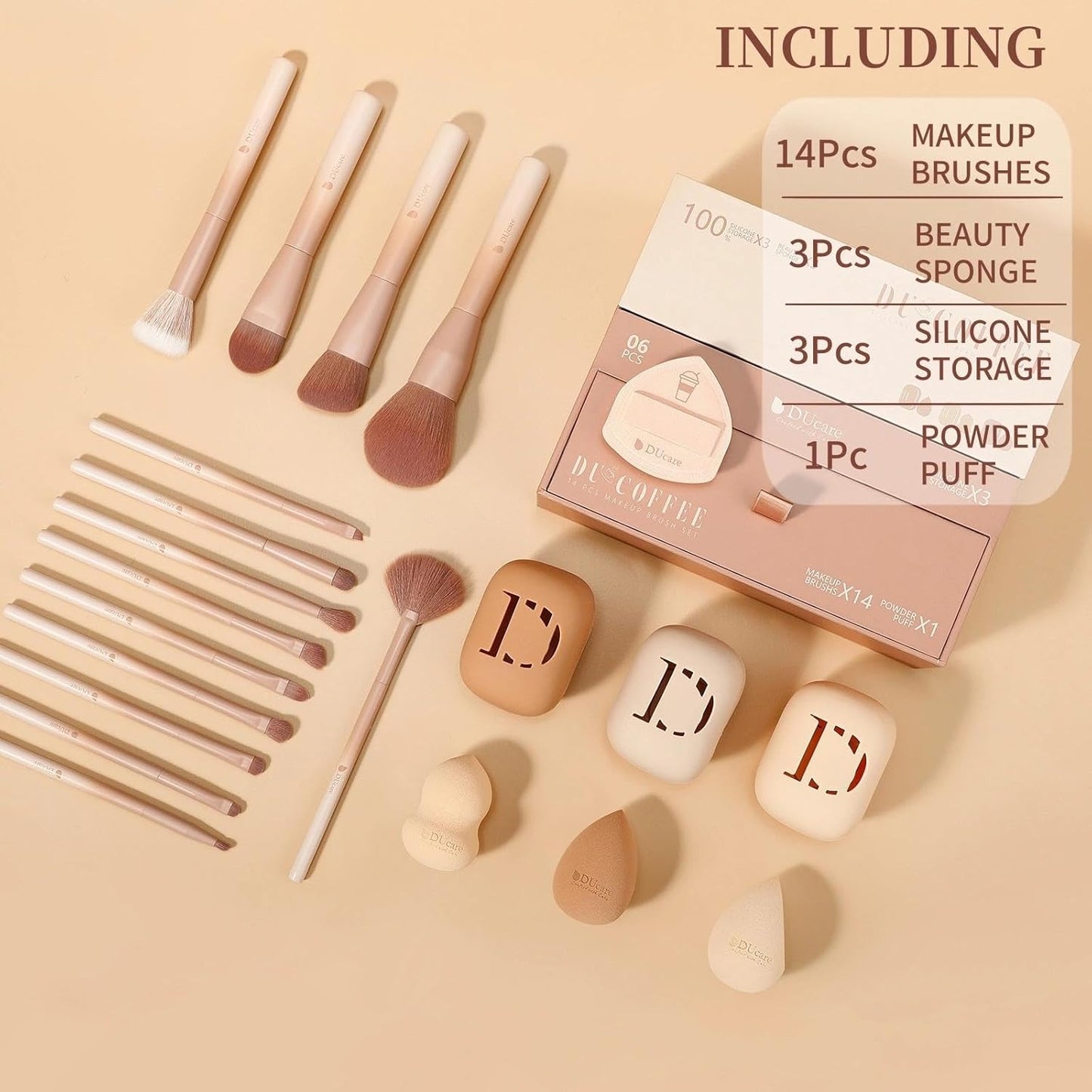DUcare Makeup Brushes Set 14Pcs Coffee Series Makeup Brush set with Makeup Sponges Gifts Foundation Blending Face Powder Blush Eye Shadows Brushes