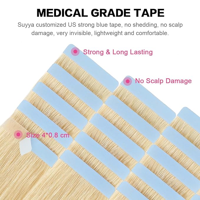 SUYYA Tape in Hair Extensions Human Hair Bleach Blonde 26 Inch 60g/pack 20pcs Straight Seamless Skin Weft Tape in Real Human Hair Extensions(26inch #613 Bleach Blonde)