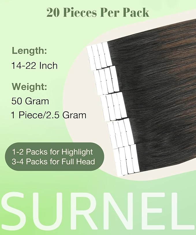 SURNEL Tape in Hair Extensions Human Hair 14 inch Natural Black to Chocolate Brown and Caramel Blonde Tape in Hair Extensions(#1B/4/27-14)