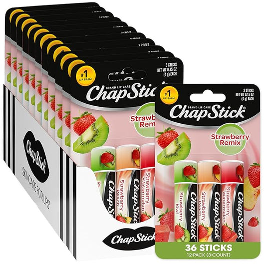 ChapStick Lip Moisturizer, Strawberry Remix 3-Packs (12 Sets/36 Tubes) – Bulk Lip Balm, Refreshing & Sweet, 0.15 Oz Ea