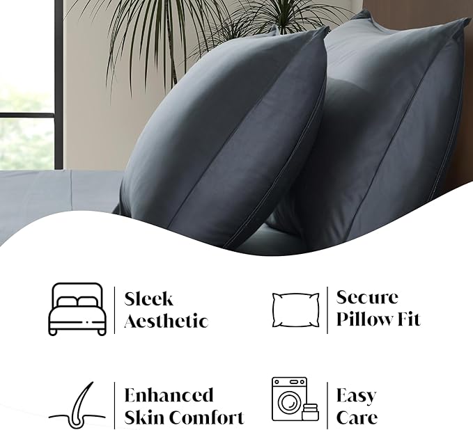 Luxury Bamboo Market | Queen Envelope Pillowcase Set | 100% Viscose Made from Bamboo | Organically Grown | Ultra Soft | Cooling | 2pcs [Charcoal Grey]