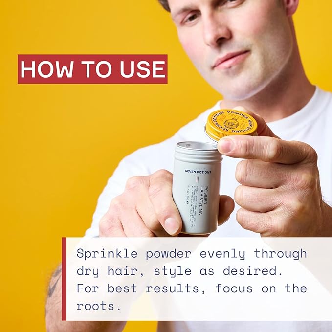 SEVEN POTIONS Hair Styling Powder for Men — Hair Texture Powder & Root Lifting Dust for Instant Volume — Natural Matte Finish, Flexible Hold, Invisible Feel — Vegan, Cruelty-Free — 0.7 oz
