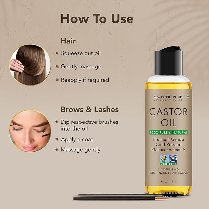 Majestic Pure Castor Oil - 100% Pure & Natural - Premium Grade, Cold Pressed, Hexane Free - Hair, Eyelashes, Eyebrows, Nails - Moisturizing & Nourishing - 4 Fl Oz