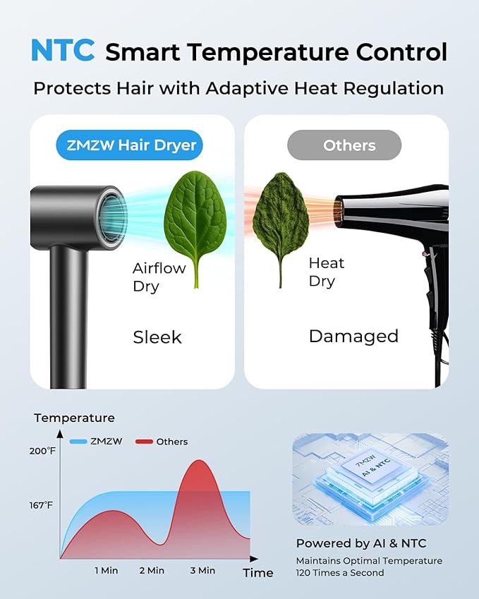High Speed Hair Dryer 160000 RPM - Quiet Ionic Blow Dryer with Magnetic Diffuser and Concentrator, 500 Million Negative Ions, Lightweight, Thermo-Control Fast Drying Hairdryer for Home Travel Salon
