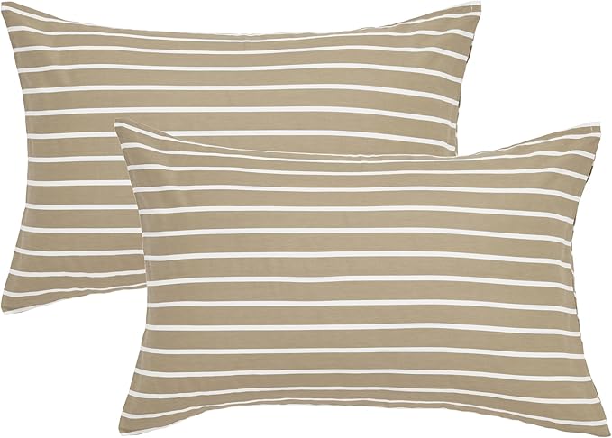 JELLYMONI 100% Natural Cotton Striped Queen Pillowcases Set, 2 Pack Khaki and White Stripes Pattern Printed Pillow Covers with Envelope Closure(Pillows are not Included)