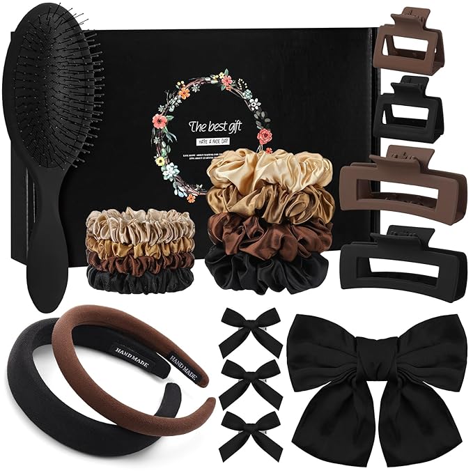 Hair Accessories Kit for Women, 27 PCS Set Included Hair Scrunchies, Claw Clips, Bow Clips, Hair Brush and Headband Hair Gift for Women (Neutral Color)