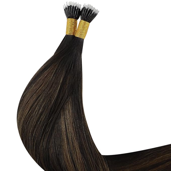 YoungSee Nano Ring Hair Extensions Human Hair Brown Nano Hair Extensions Human Hair Brown With Dark Browns Balayage Nano-Link Hair Extension Balayage 16in Nano-Loop Hair Extension 50s 50g