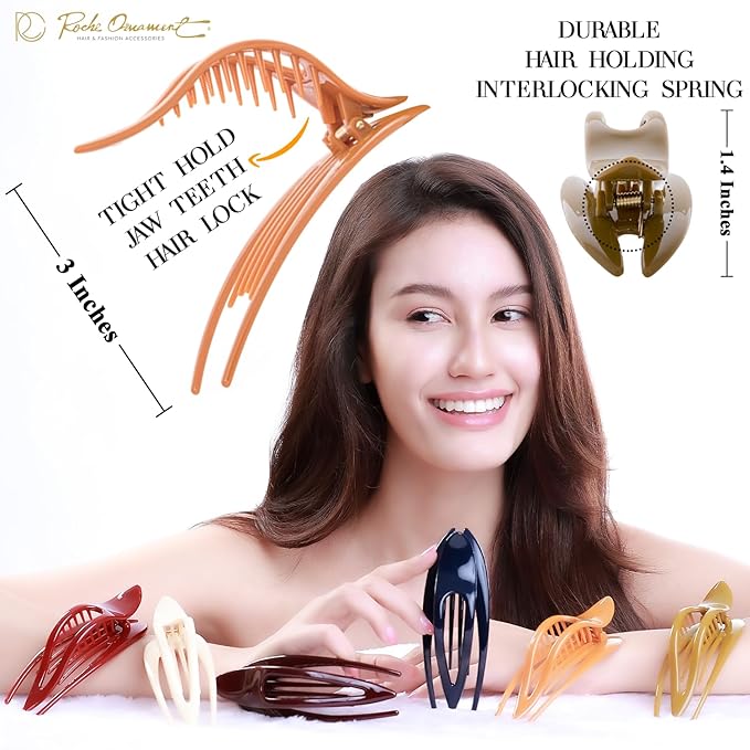RC ROCHE 6 Pcs Flat Hair Clips Big Claw for Thick Hair French Duckbill Women No Slip Side Slide Curved Alligator Concord Strong Grip Hold Volume Lay Down Clamp, Medium Classic Multicolor