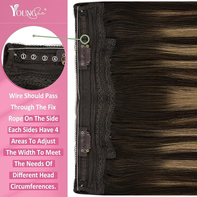 YoungSee Invisible Wire Hair Extensions Balayage Wire Human Hair Extensions Dark Brown Fading To Caramel Blonde Mix Brown Balayage Straight Fish Line Hair Extension for Short Hair 12Inch 70G
