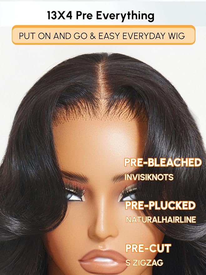 Julia Hair 13x4 Pre-Everything™ Loose Body Wave Human Hair Wig HD Lace Frontal Glueless Wig with Drawstring Face Framing Curtain Bangs Frontal 3D Body Wave Wig for Black Women Put On and Go 18 Inch