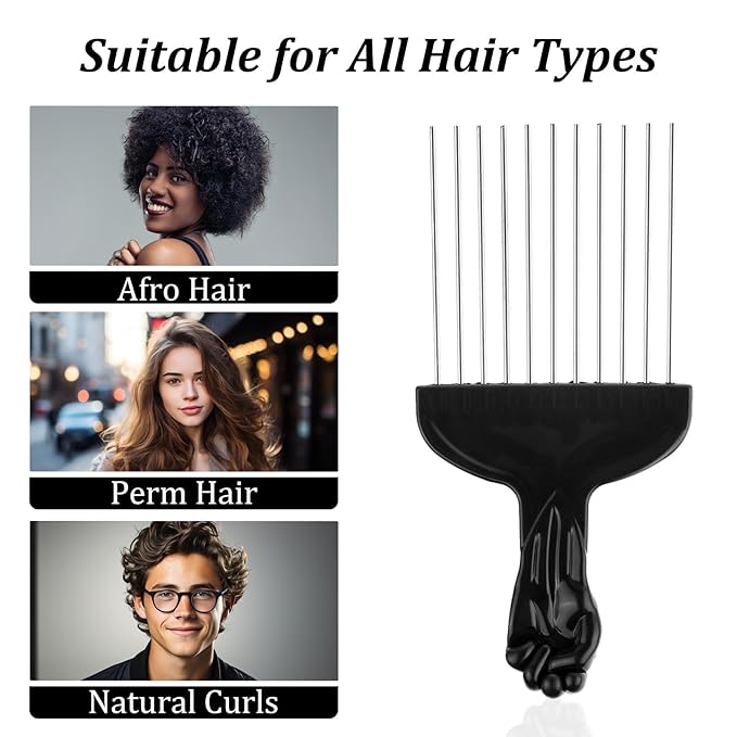 3pcs Hair Pick for Curly Hair, Stainless Steel Wide Tooth Detangling Comb Metal Afro Pick Comb with PP Handle for Curly Haircomb, Braids, Wigs Black