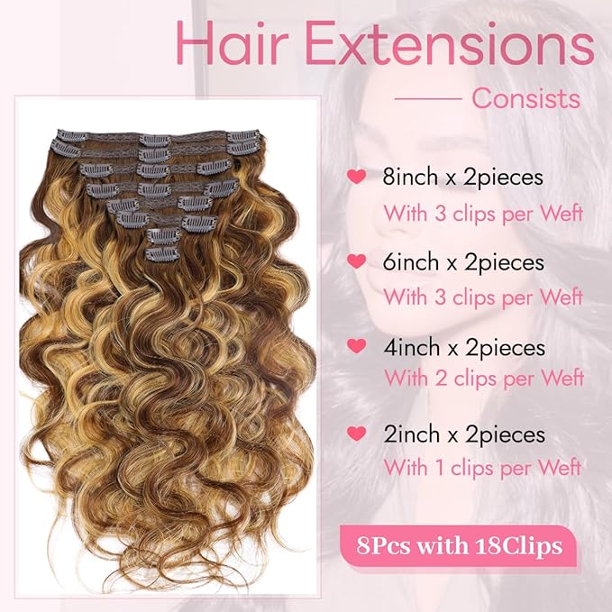 Clip in Hair Extensions Real Human Hair Body Wave #4/27 Chocolate Brown to Honey Blonde 100% Brazilian Remy Human Hair Extensions 8pcs Per Set with 18 Clips Double Weft 18 Inch 80g/3.6oz