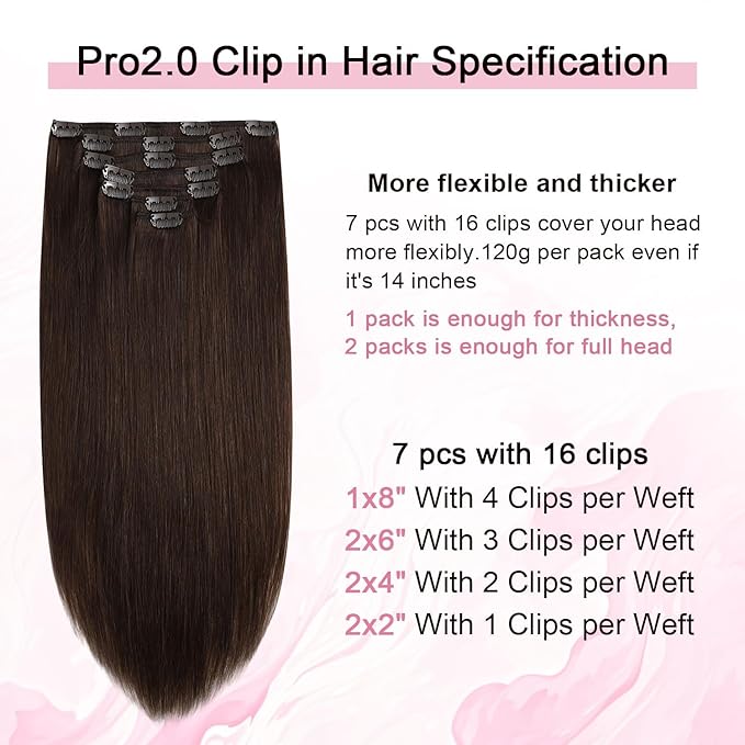 Pro2.0 Remy Clip in Extensions Real Human Hair Color #4 Chocolate Brown Remy Clip in Hair Extensions Real Human Hair 18inch 120g Thick 7pcs Seamless Double Weft for Women（#4-18inch）