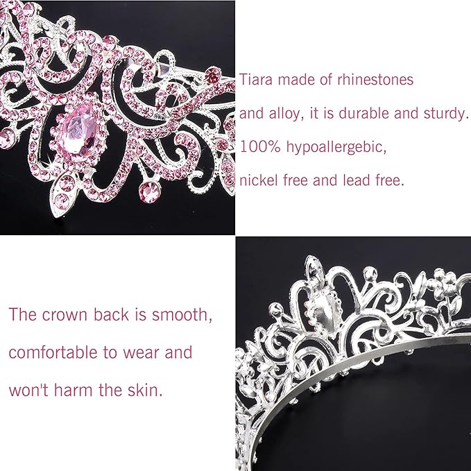 Didder Silver Tiaras and Crowns for Women, Pink Crystal Tiara Crowns For Women Girls Elegant Crown with Combs Princess Crown Tiara Birthday Crowns for Women Bridal Wedding Prom Birthday Party