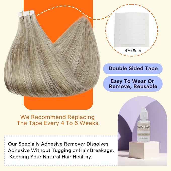 Full Shine Tape in Hair Extensions Human Hair 20 Inch Remy Human Hair Tape Extensions Highlighted Color 18 Ash Blonde and 613 Light Blonde Hair Extensions Tape Ins 20 Pcs 50Gram Adhesive Hair