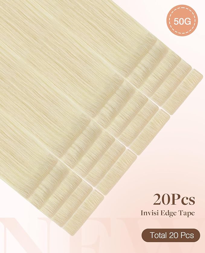 GOO GOO Invisi Edge Tape in Hair Extensions Human Hair, 60A Platinum Blonde 20pcs 20inch 50g, Virgin Remy Hair, Seamless Injected Tape, Natural Look