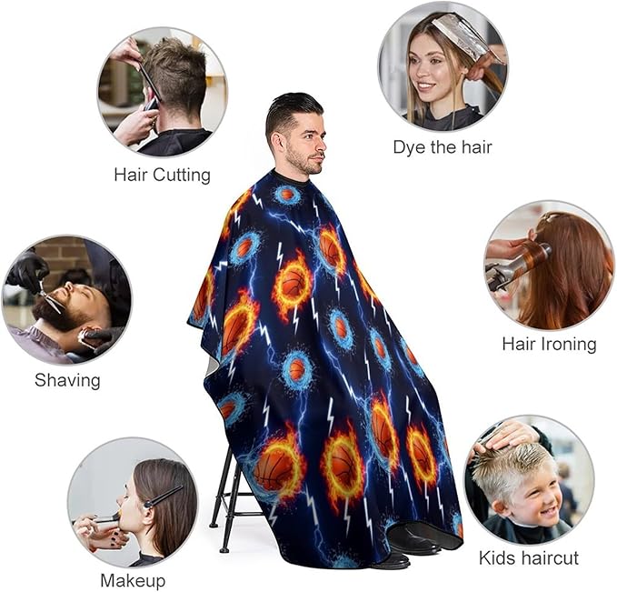 Men Women Adults Water Fire Flame Basketball Print Black Hair Dressing Gown Cape, Extra Large Hairdressing Apron for Barber Salon, Easy Clean