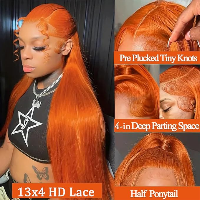 28inch Ginger Wig Human Hair 13X4 180% Density Ginger Orange Lace Front Wigs Human Hair 350 Colored Straight HD Transparent Lace Frontal Wigs Human Hair Pre Plucked With Baby hair