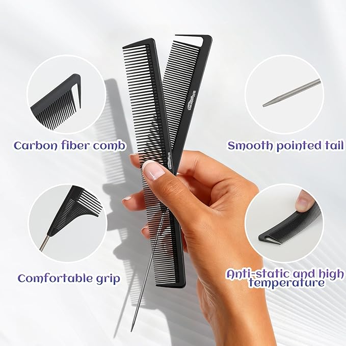 2Pcs Combs for Women and Men，Professional Black Carbon Fiber Teasing Comb，Combs for Hair Stylist, Fine and Wide Tooth Styling Comb for All Hair Types（Style 1）