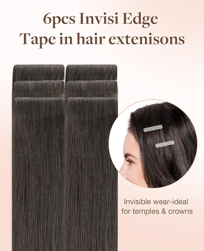 GOO GOO Invisi Edge Tape in Hair Extensions Human Hair, 1C Mocha Brown, 6pcs 20inch 18g, Virgin Remy Hair, Seamless Injected Tape, Natural Look