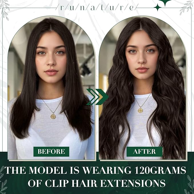 RUNATURE Brown Clip in Hair Extensions, Real Hair Extensions Clip Ins, Double Weft Human Hair Clip in Extensions, Remy Natural Hair for Women, Tangle-free Hair, 14 Inch 50g 3pcs #2 Dark Brown