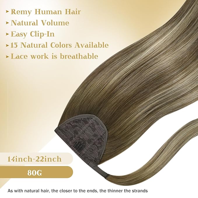 Ve Sunny Ponytail Extension Human Hair for Women Clip in Ponytail Hair Extension Straight Hair Pieces Wrap Around Around Darker Brown Fading To Ash Brown Mix Light Blonde Balayage 22inch 80G